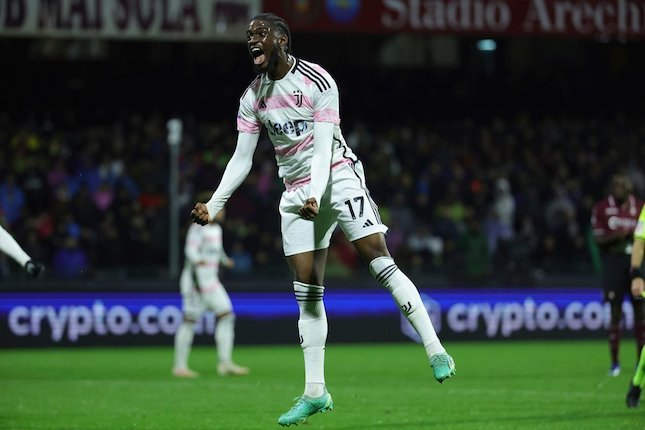Selebrasi Samuel Iling-Junior dalam laga Serie A antara Salernitana vs Juventus, Senin (8/1/2024). (c) La Presse via AP Photo/Alessandro Garofalo